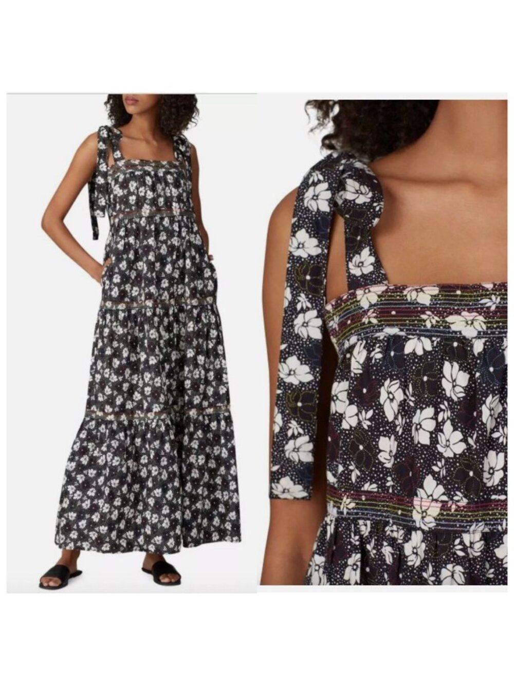 Warm Big Love Floral Tiered Maxi Dress Black White Rainbow Stitch Cotton 0
